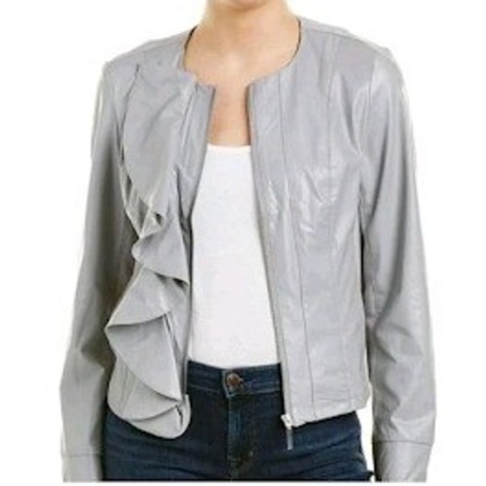 Kut From The‎ Kloth Dahliana Moto Jacket Gray Ruffle Faux Leather Small NEW